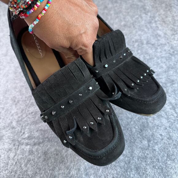 Franco Sarto Women's 8.5 Black Suede Tassels Studs Block Mid Heel Slip-on - Picture 3 of 6